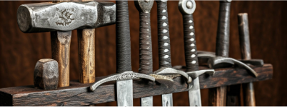 Weapons rack showing a variety of sword hilts.
