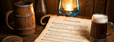 Music sheet sits on a table with beverages.